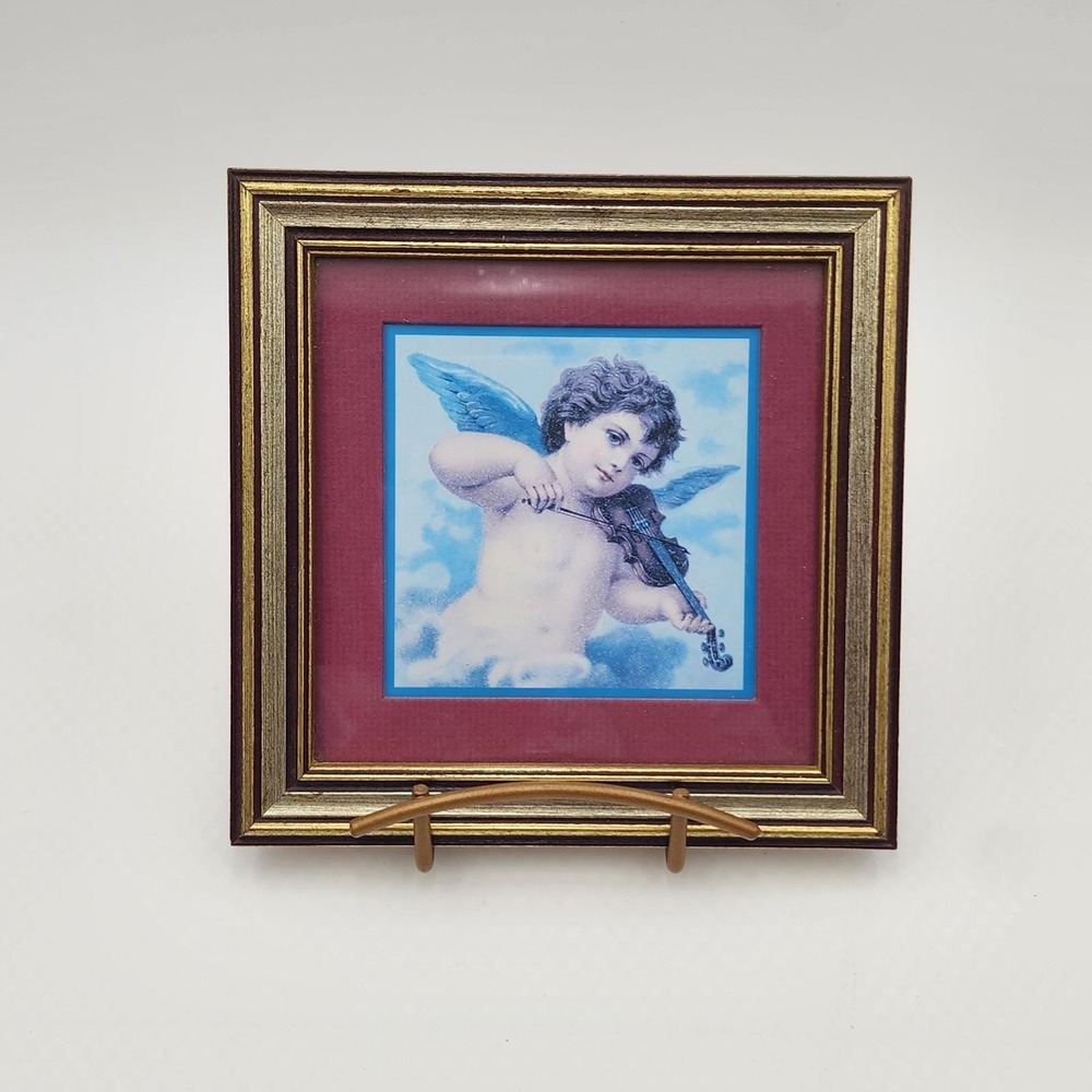 Vintage 1980s Home Interiors Cherub Angel Violin Framed Print 7.5"